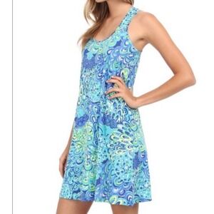 Lilly Pulitzer Lagoon Melle Dress Racerback Sleeveless Blue Green Pattern, Large